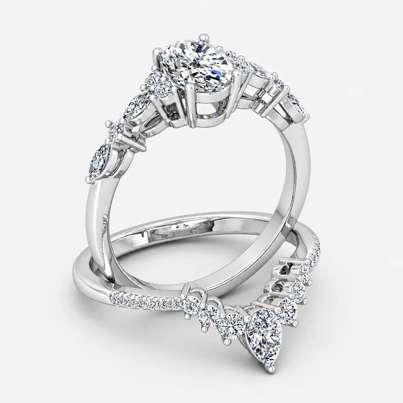 IGI Certified Oval Cut & Marquise Diamond Engagement Ring with Matching Pavé Designer Wedding Band in Platinum & Gold