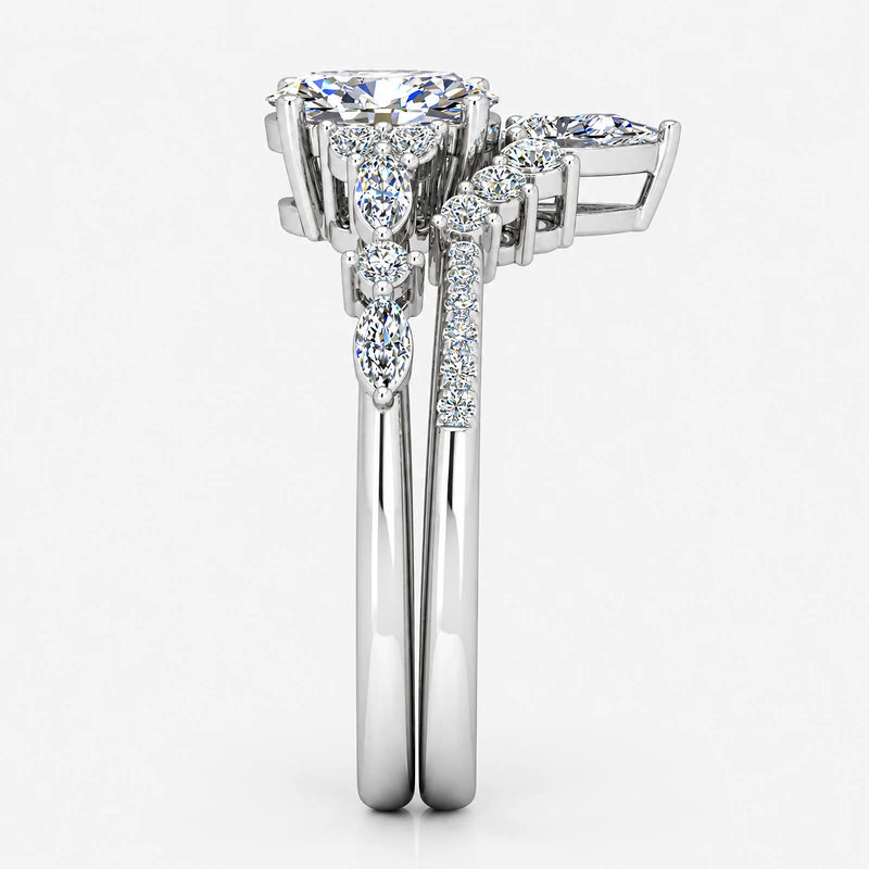 IGI Certified Oval Cut & Marquise Diamond Engagement Ring with Matching Pavé Designer Wedding Band in Platinum & Gold