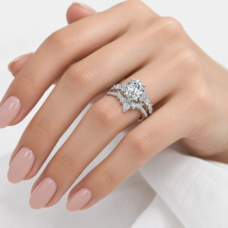 IGI Certified Oval Cut & Marquise Diamond Engagement Ring with Matching Pavé Designer Wedding Band in Platinum & Gold