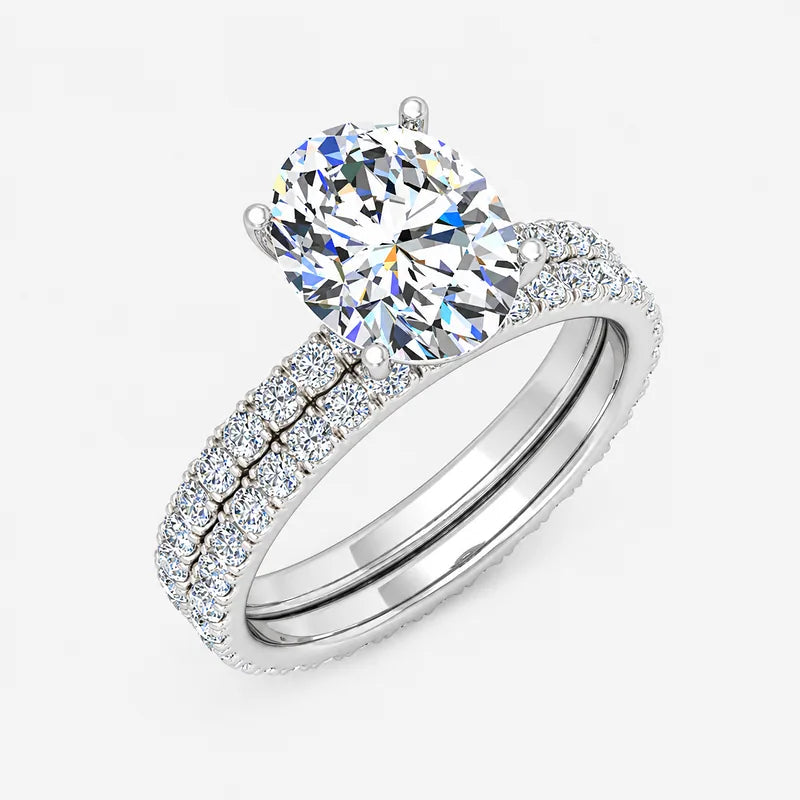 IGI Certified Oval Cut Solitaire Engagement Ring with a Matching Pavé Wedding Band Bridal Set in Platinum & Gold