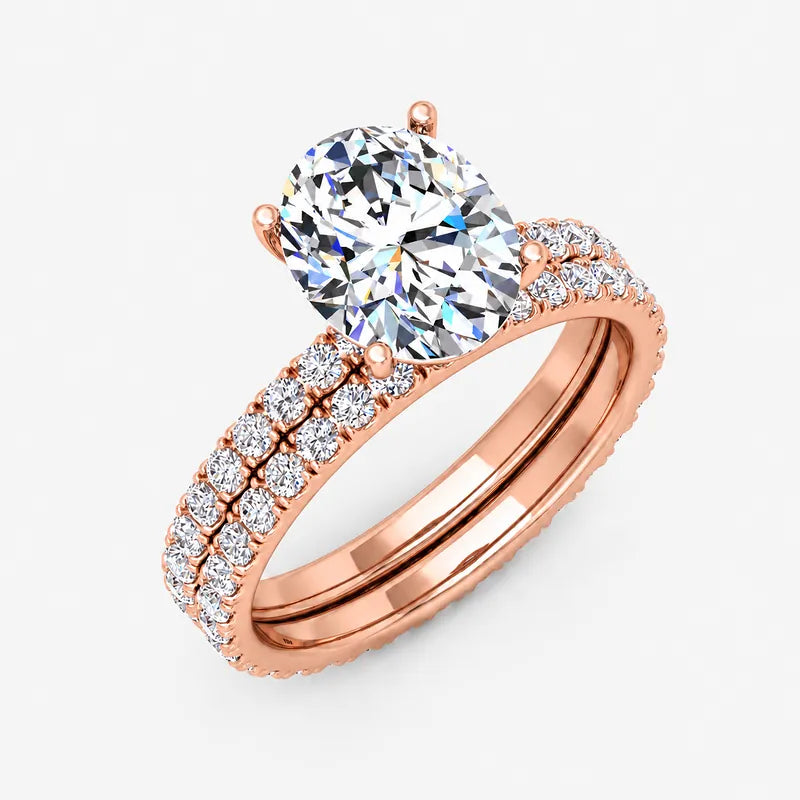 IGI Certified Oval Cut Solitaire Engagement Ring with a Matching Pavé Wedding Band Bridal Set in Platinum & Gold