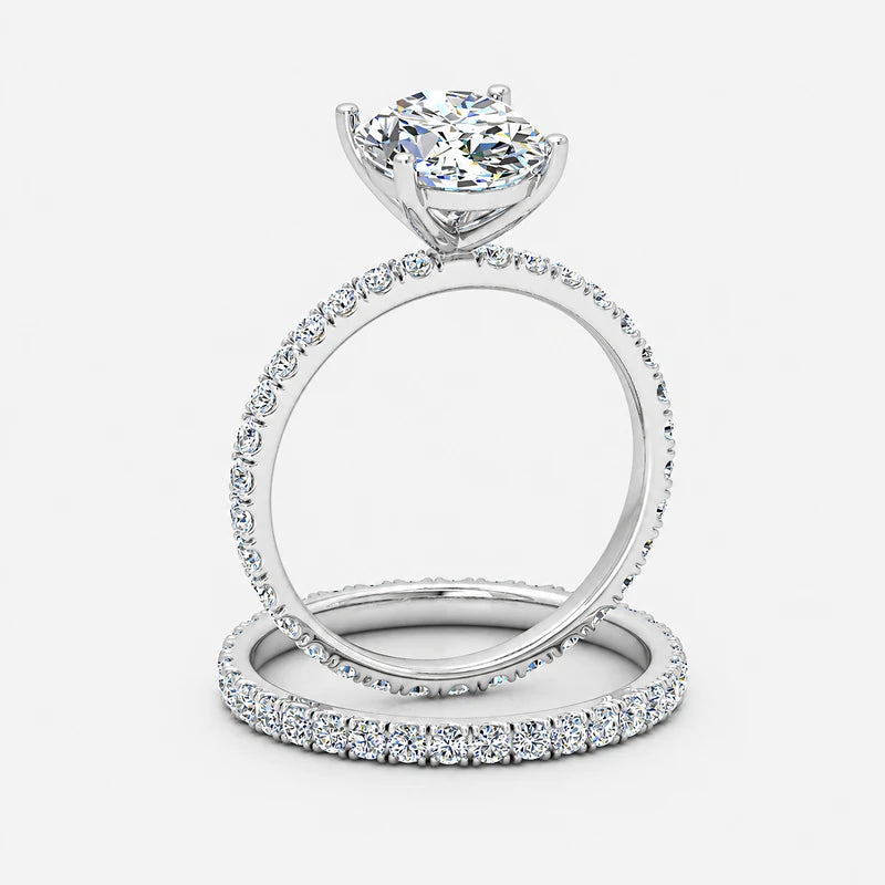 IGI Certified Oval Cut Solitaire Engagement Ring with a Matching Pavé Wedding Band Bridal Set in Platinum & Gold