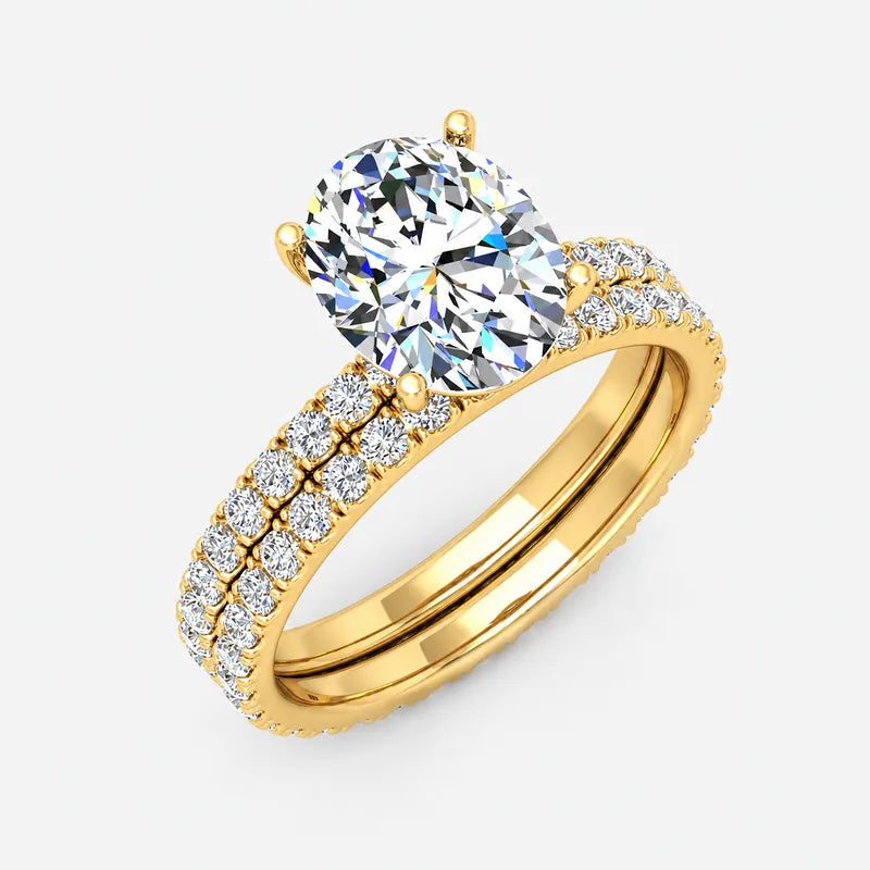 IGI Certified Oval Cut Solitaire Engagement Ring with a Matching Pavé Wedding Band Bridal Set in Platinum & Gold