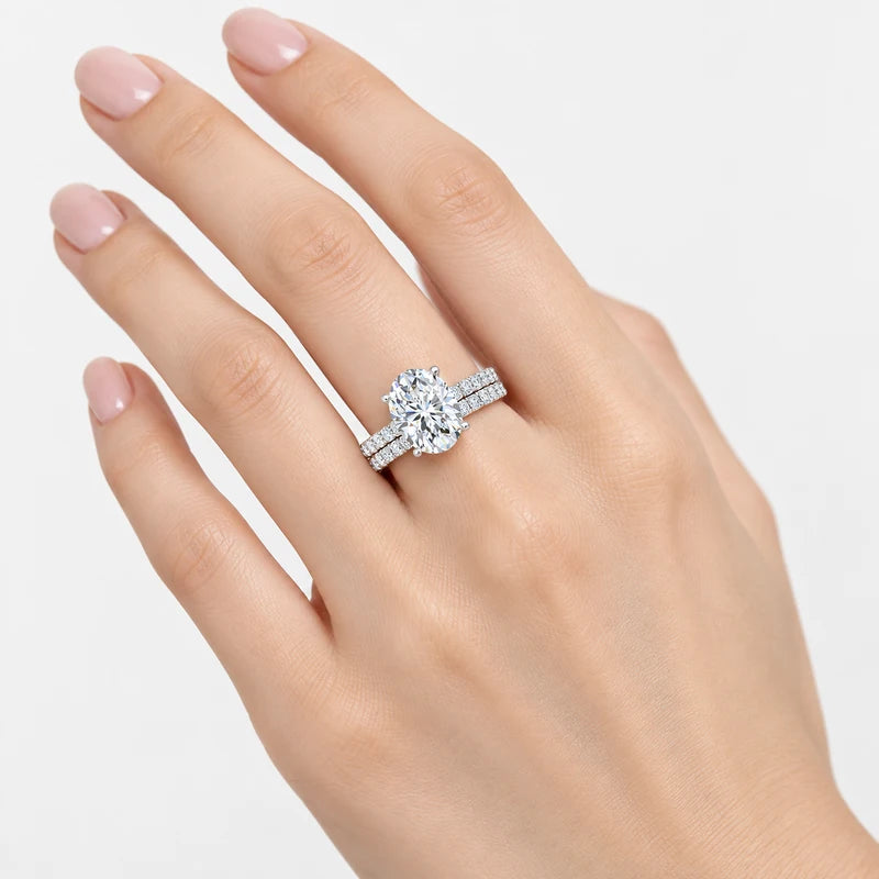 IGI Certified Oval Cut Solitaire Engagement Ring with a Matching Pavé Wedding Band Bridal Set in Platinum & Gold