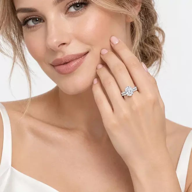 IGI Certified Oval Cut Solitaire Engagement Ring with a Matching Pavé Wedding Band Bridal Set in Platinum & Gold