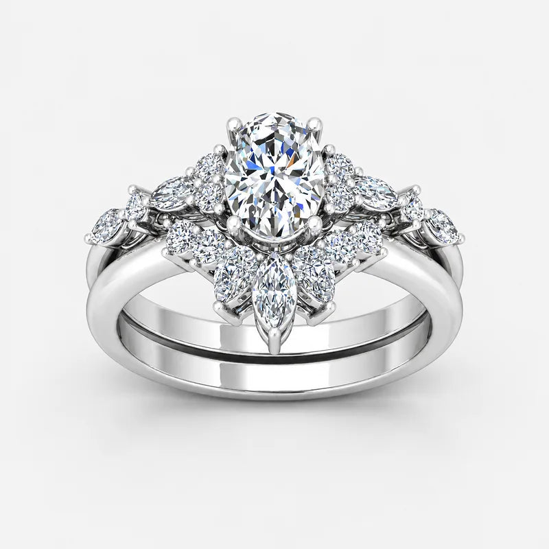 IGI Certified Oval Cut & Marquise Diamond Engagement Ring with a Matching Pavé Wedding Bridal Set in Platinum & Gold