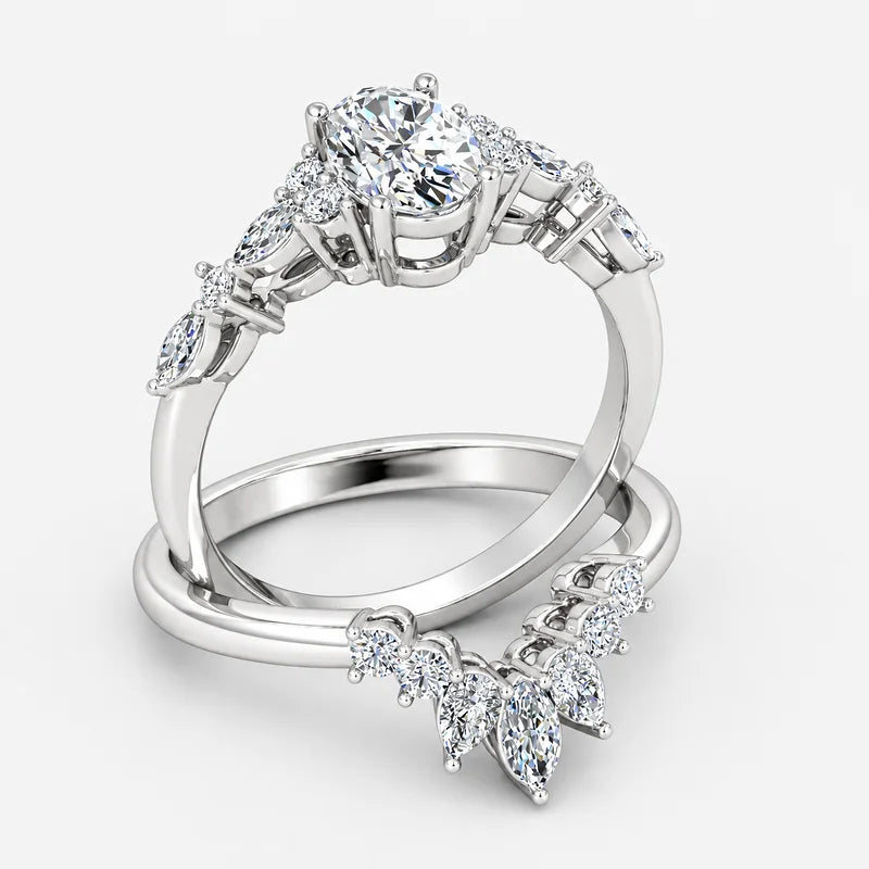 IGI Certified Oval Cut & Marquise Diamond Engagement Ring with a Matching Pavé Wedding Bridal Set in Platinum & Gold