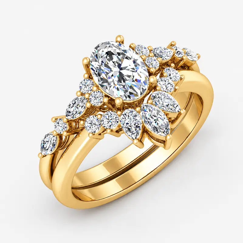 IGI Certified Oval Cut & Marquise Diamond Engagement Ring with a Matching Pavé Wedding Bridal Set in Platinum & Gold