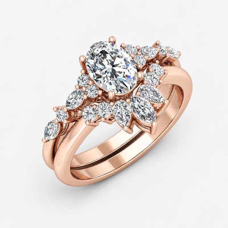 IGI Certified Oval Cut & Marquise Diamond Engagement Ring with a Matching Pavé Wedding Bridal Set in Platinum & Gold