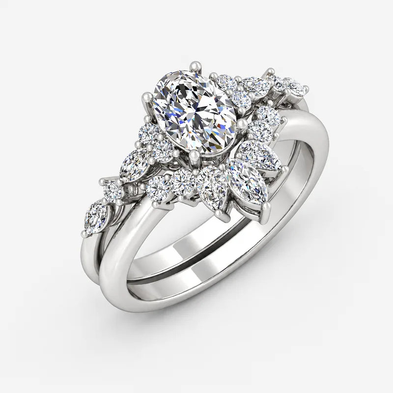 IGI Certified Oval Cut & Marquise Diamond Engagement Ring with a Matching Pavé Wedding Bridal Set in Platinum & Gold