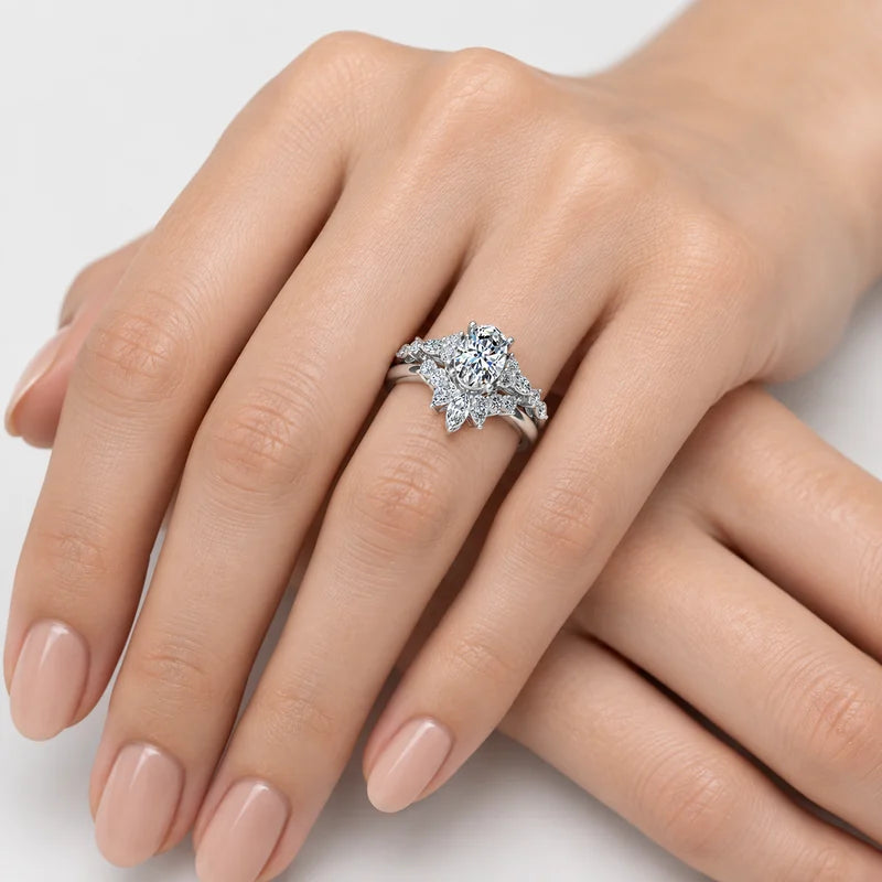 IGI Certified Oval Cut & Marquise Diamond Engagement Ring with a Matching Pavé Wedding Bridal Set in Platinum & Gold