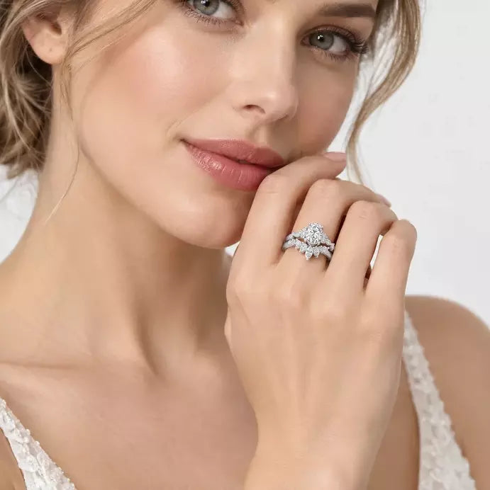 IGI Certified Oval Cut & Marquise Diamond Engagement Ring with a Matching Pavé Wedding Bridal Set in Platinum & Gold