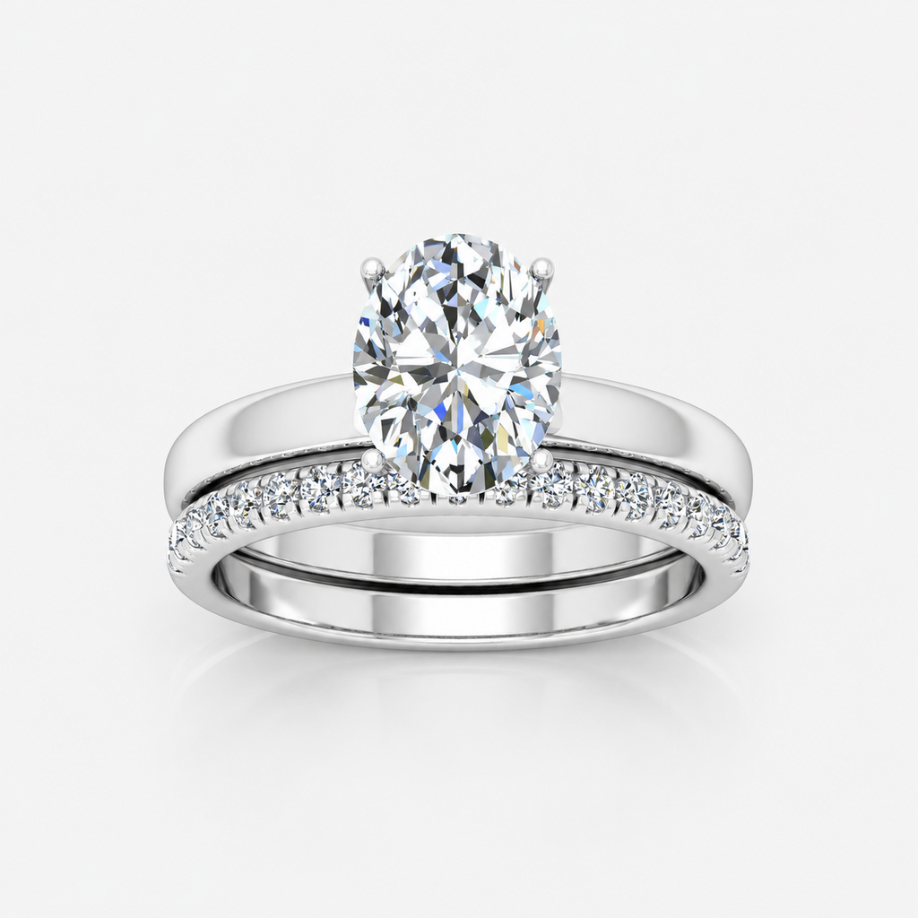 Oval Cut Solitaire Engagement Ring with a Matching Pavé Wedding Band Bridal Set in Platinum & Gold