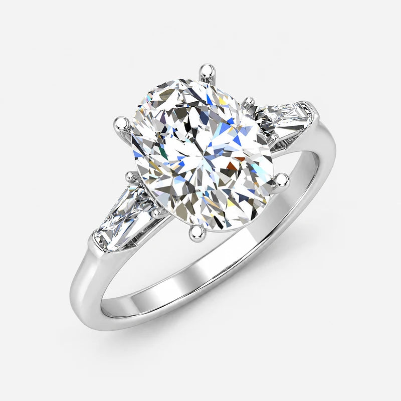 IGI Certified Oval-Cut Diamond Three-Stone Engagement Ring with Tapered Baguettes in Platinum & Gold