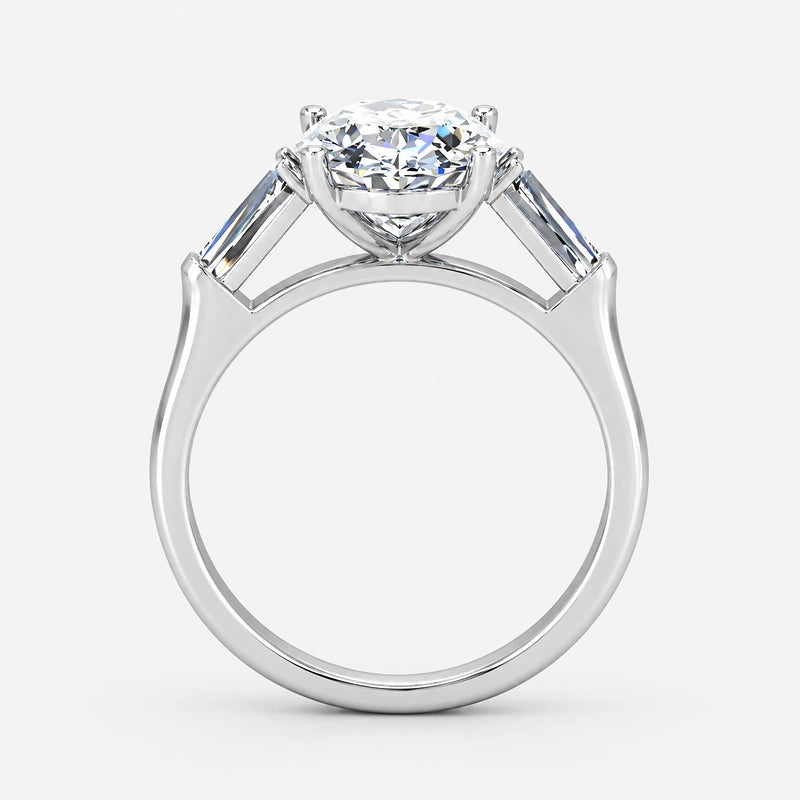 IGI Certified Oval-Cut Diamond Three-Stone Engagement Ring with Tapered Baguettes in Platinum & Gold