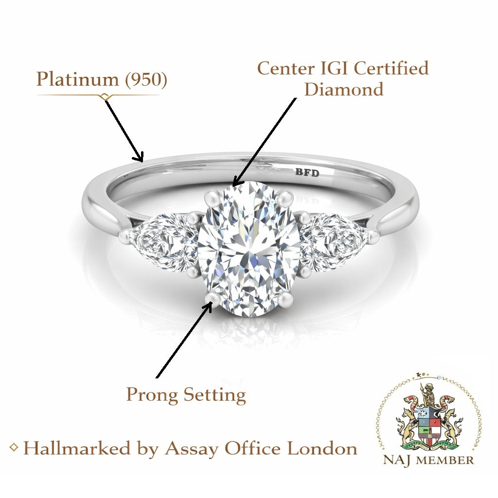3.00Carat D/VS Lab Grown Oval & Pear Shape Diamond Trilogy Ring In Platinum
