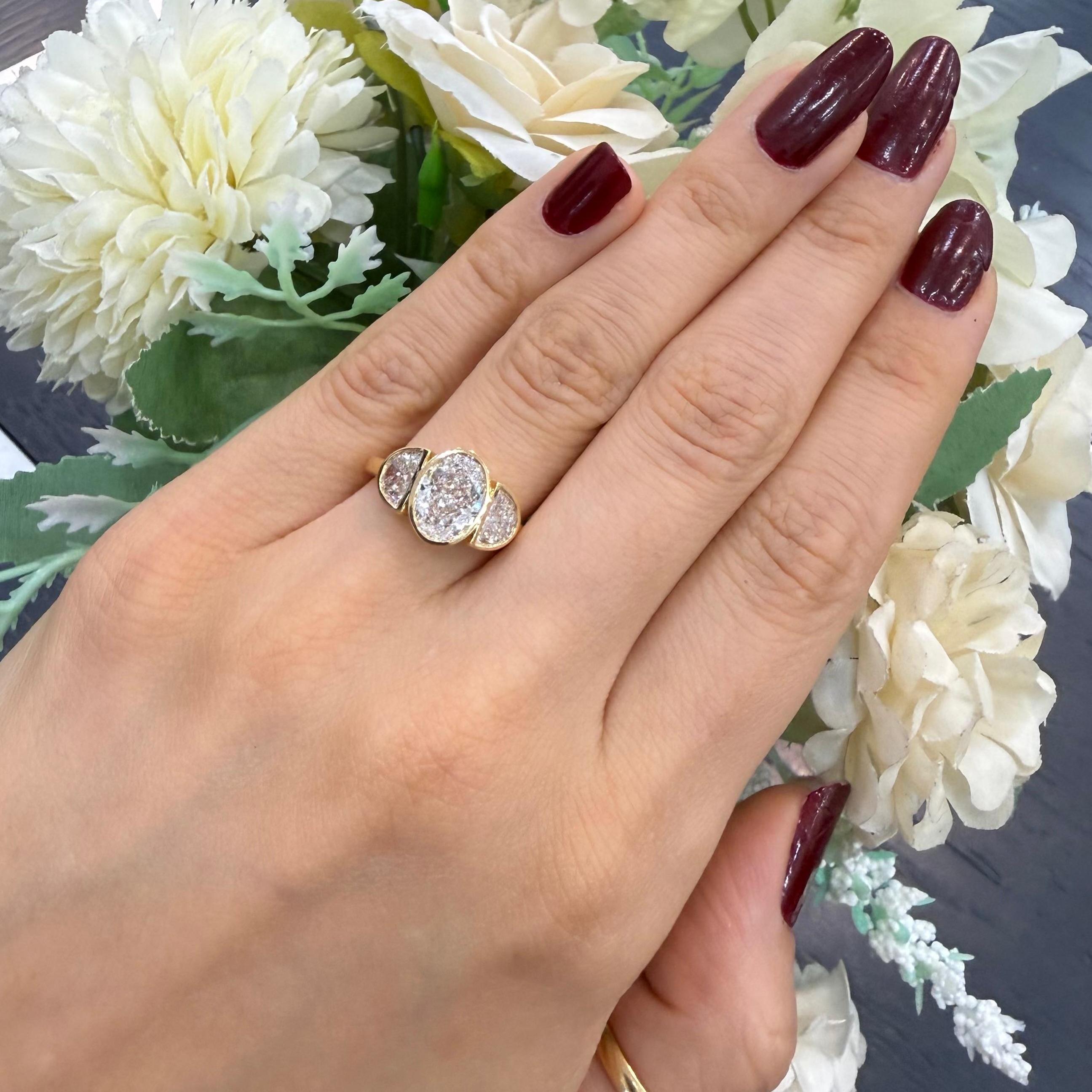 IGI 3.00ct D/VS Oval & Half Moon Lab Diamond Three-Stone Ring In 18k Yellow Gold