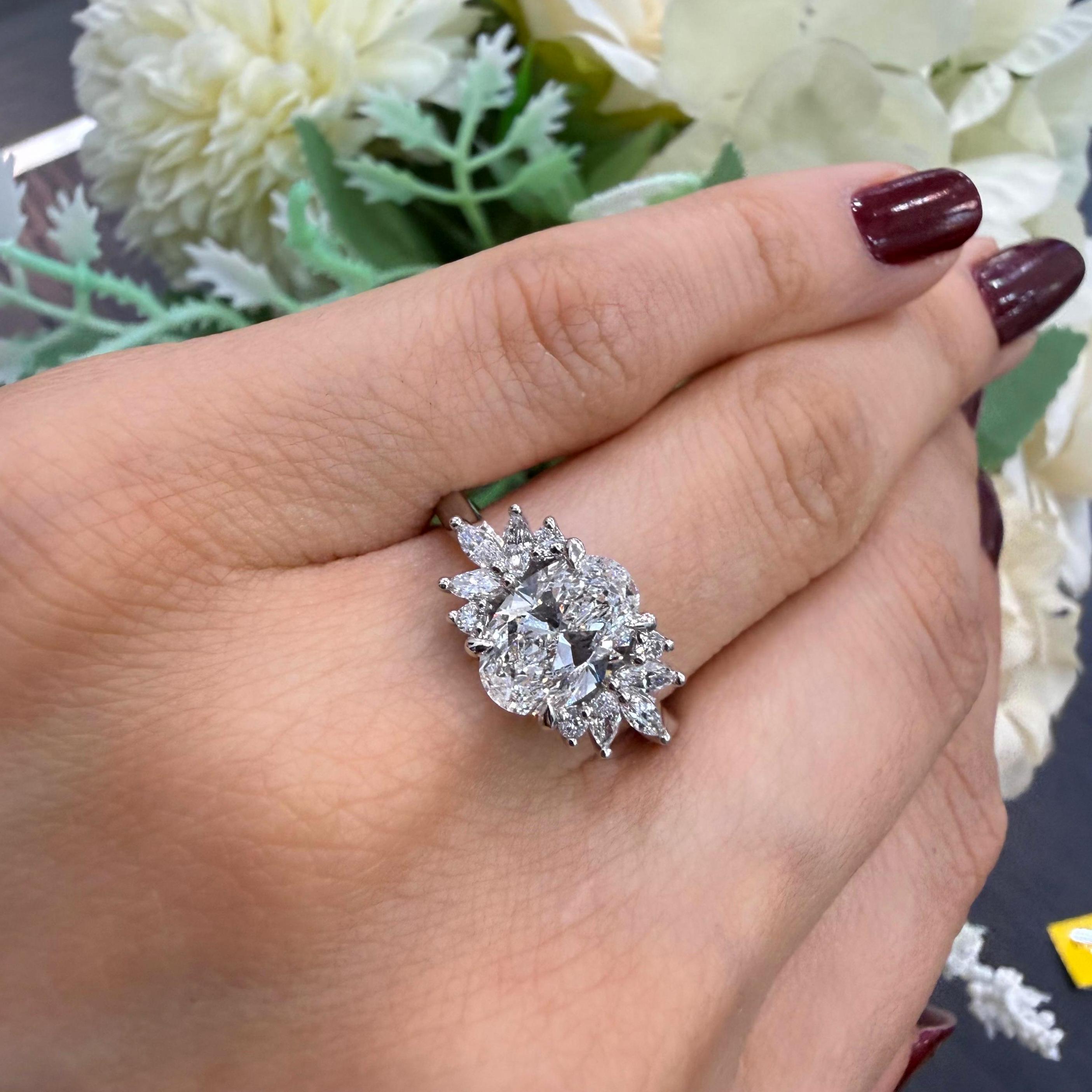 IGI 2.00ct E/VVS Oval & Side Marquise Lab Diamond Engagement Ring In Platinum