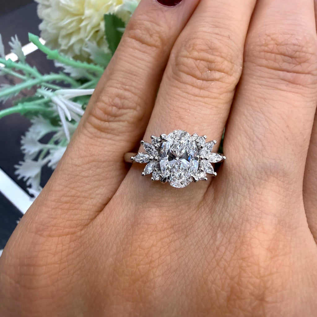 IGI 2.00ct E/VVS Oval & Side Marquise Lab Diamond Engagement Ring In Platinum