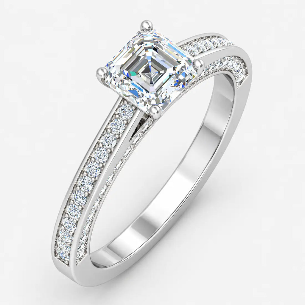 IGI Certified Lab Grown Classic Asscher-Cut Diamond with Round Pavé-Setting Engagement Ring in Gold & Platinum – 1–4Ct