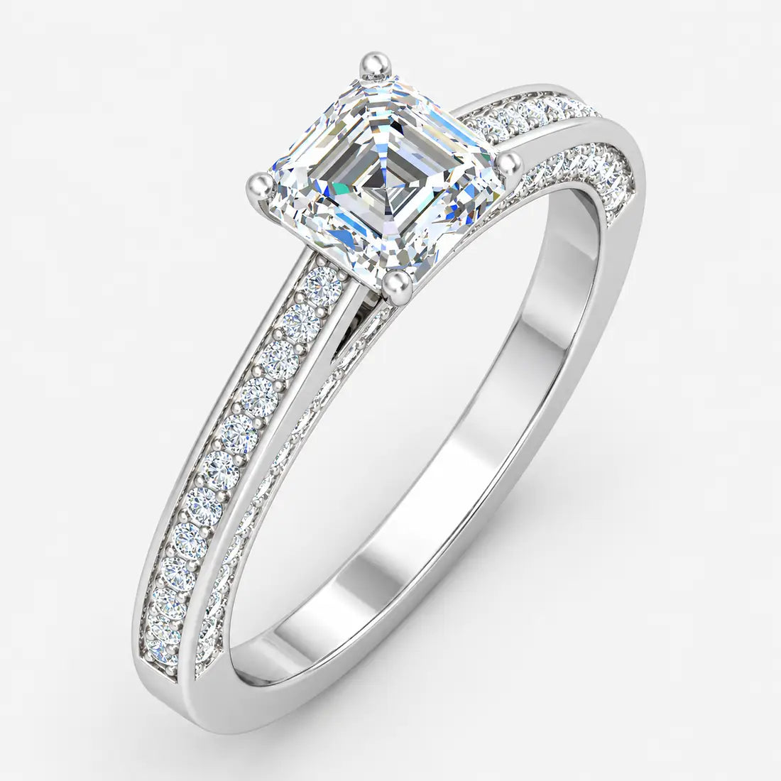 IGI Certified Lab Grown Classic Asscher-Cut Diamond with Round Pavé-Setting Engagement Ring in Gold & Platinum – 1–4Ct