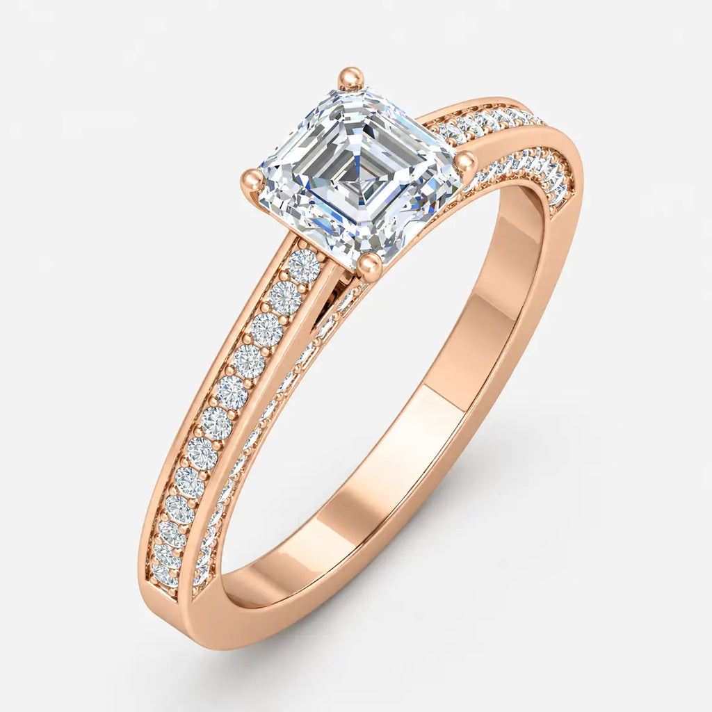 IGI Certified Lab Grown Classic Asscher-Cut Diamond with Round Pavé-Setting Engagement Ring in Gold & Platinum – 1–4Ct