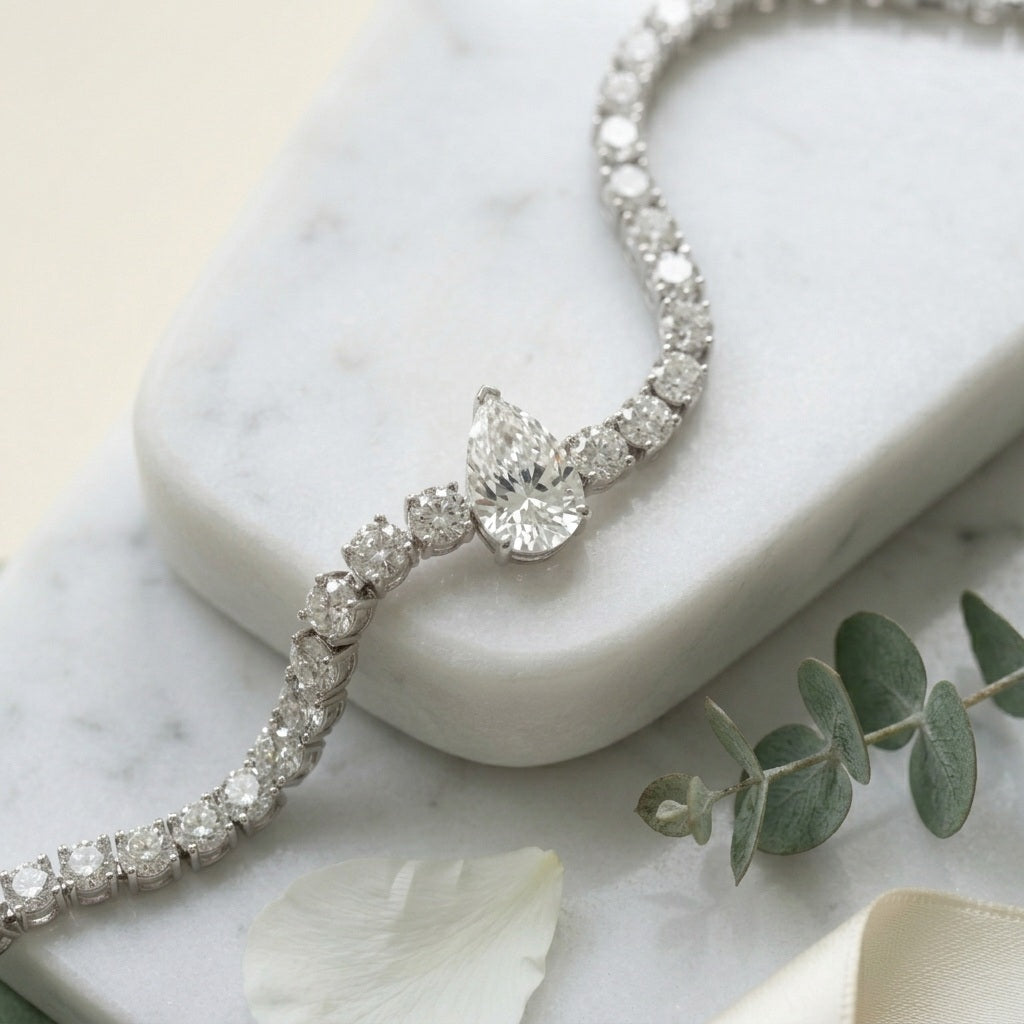 11.86Ct Pear and Round Lab Diamond Tennis Bracelet In 9k White Gold 7inch