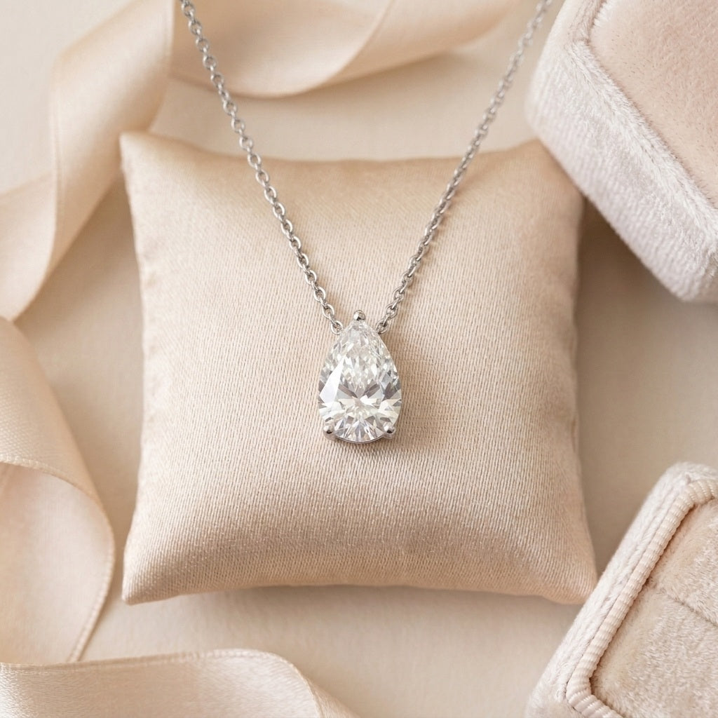 Certified Pear Diamond Solitaire Pendant Chain Necklace for Women in Gold (1.00–2.00 Carat)