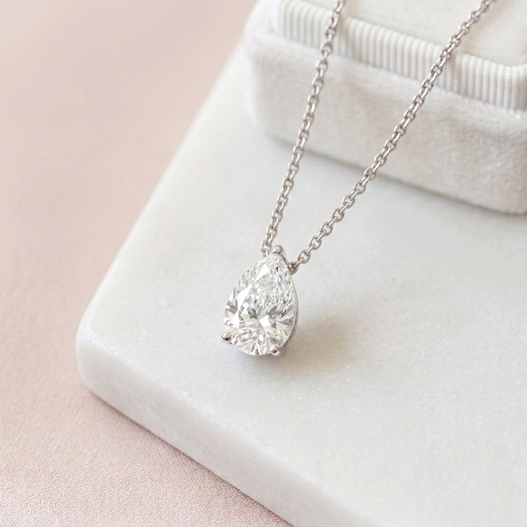 Certified Pear Diamond Solitaire Pendant Chain Necklace for Women in Gold (1.00–2.00 Carat)