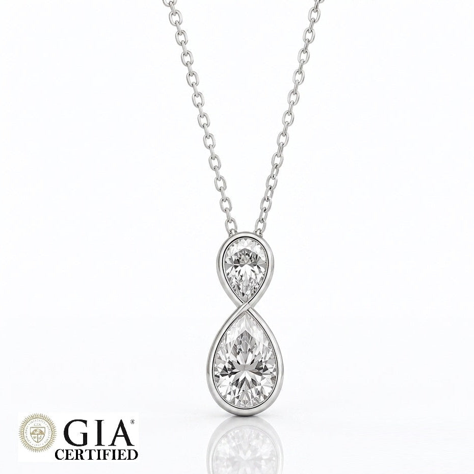 GIA Certified 1.00ct Natural Double Pear Diamond Drop Pendant, White Gold