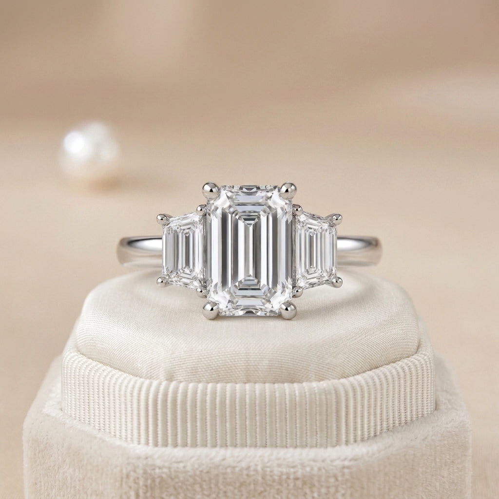 IGI Certified 6.00Ct E/VS Emerald & Trapezoid Lab Diamond Trilogy Ring Platinum