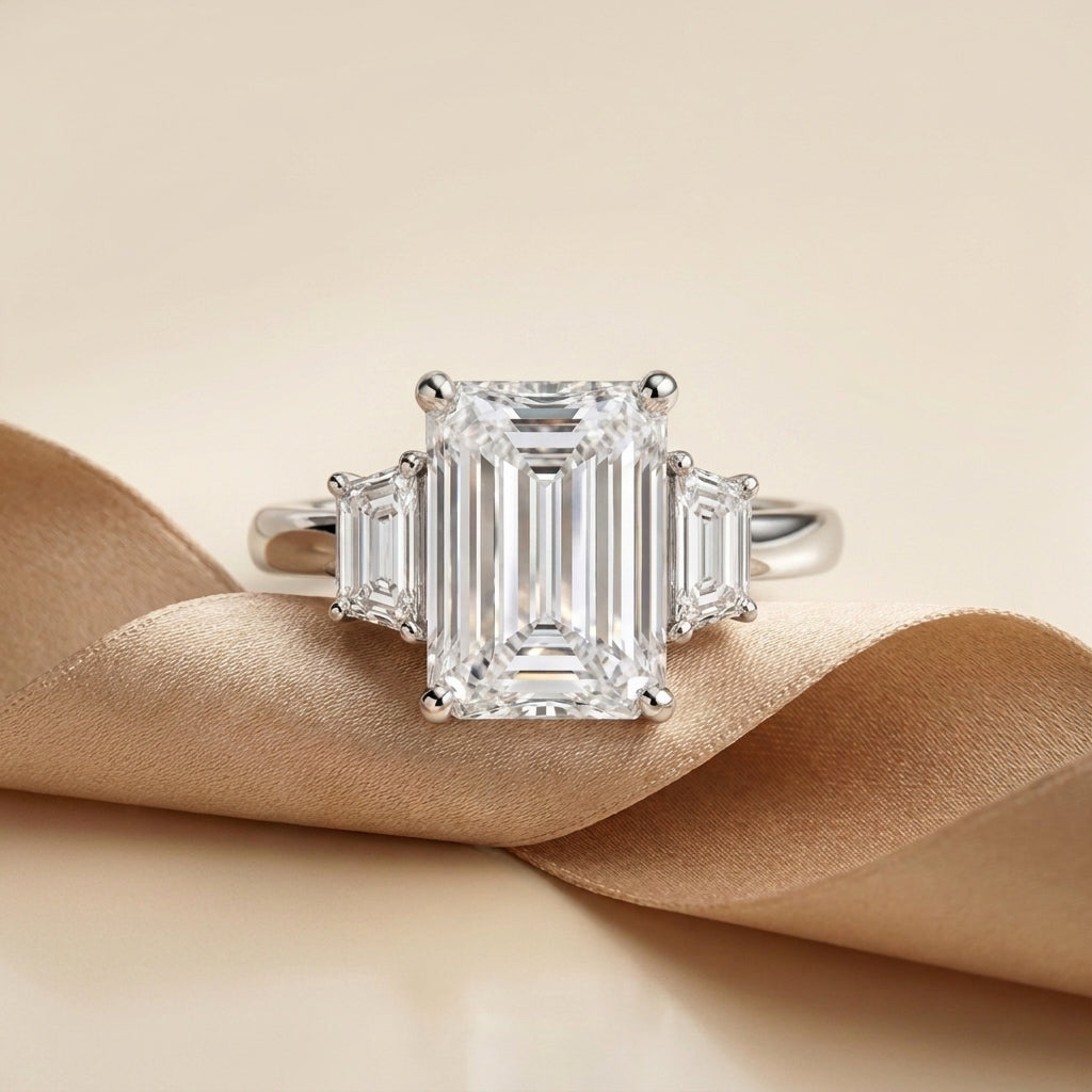 12.00Ct Emerald & Trapezoid Lab Diamond Trilogy Ring Platinum