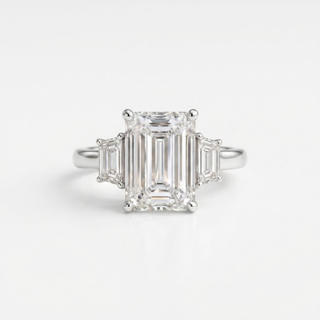12.00Ct Emerald & Trapezoid Lab Diamond Trilogy Ring Platinum