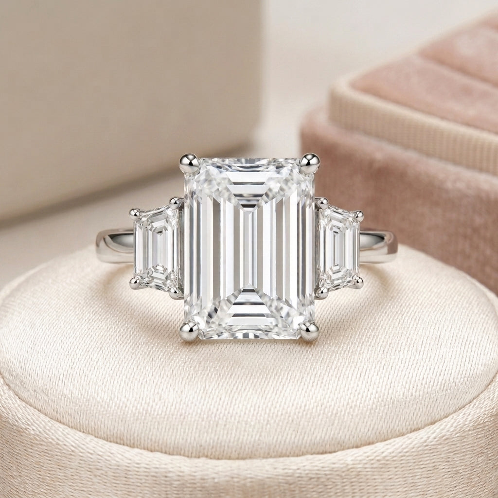12.00Ct Emerald & Trapezoid Lab Diamond Trilogy Ring Platinum