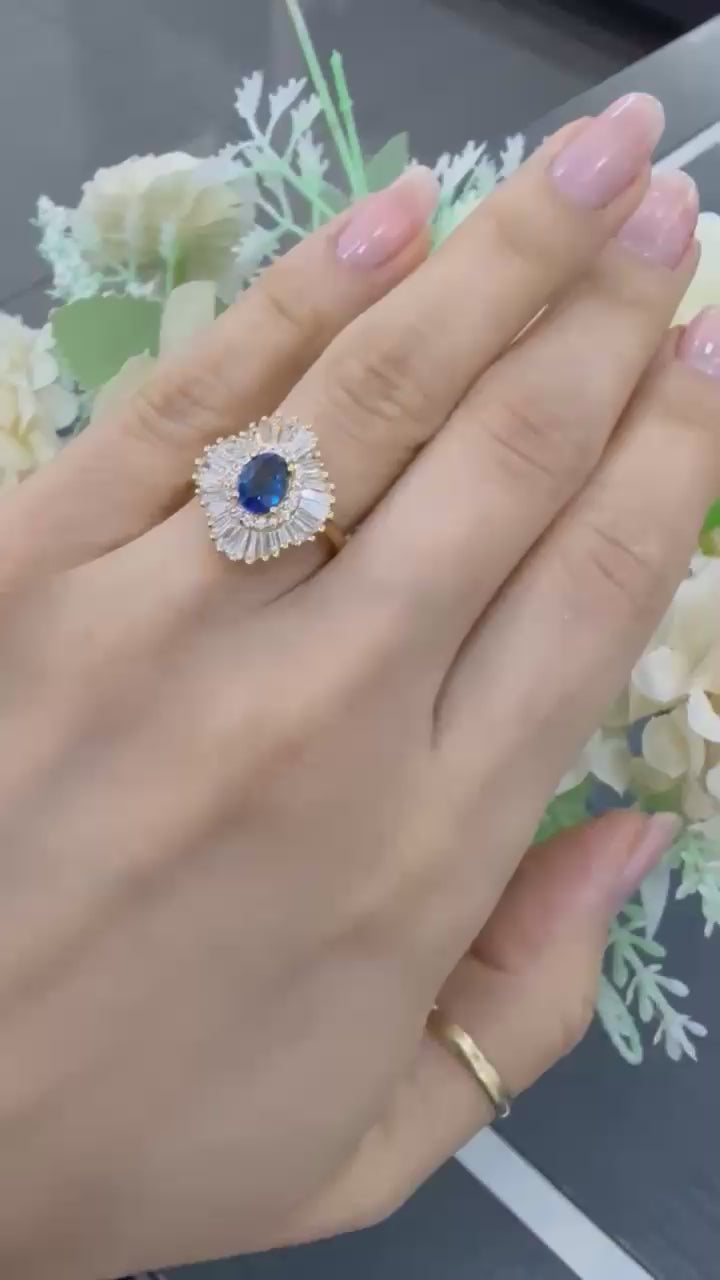 2.00 Carat Natural Oval Sapphire & Side Baguette & Round Diamond Cluster Halo Ring 18k Yellow Gold