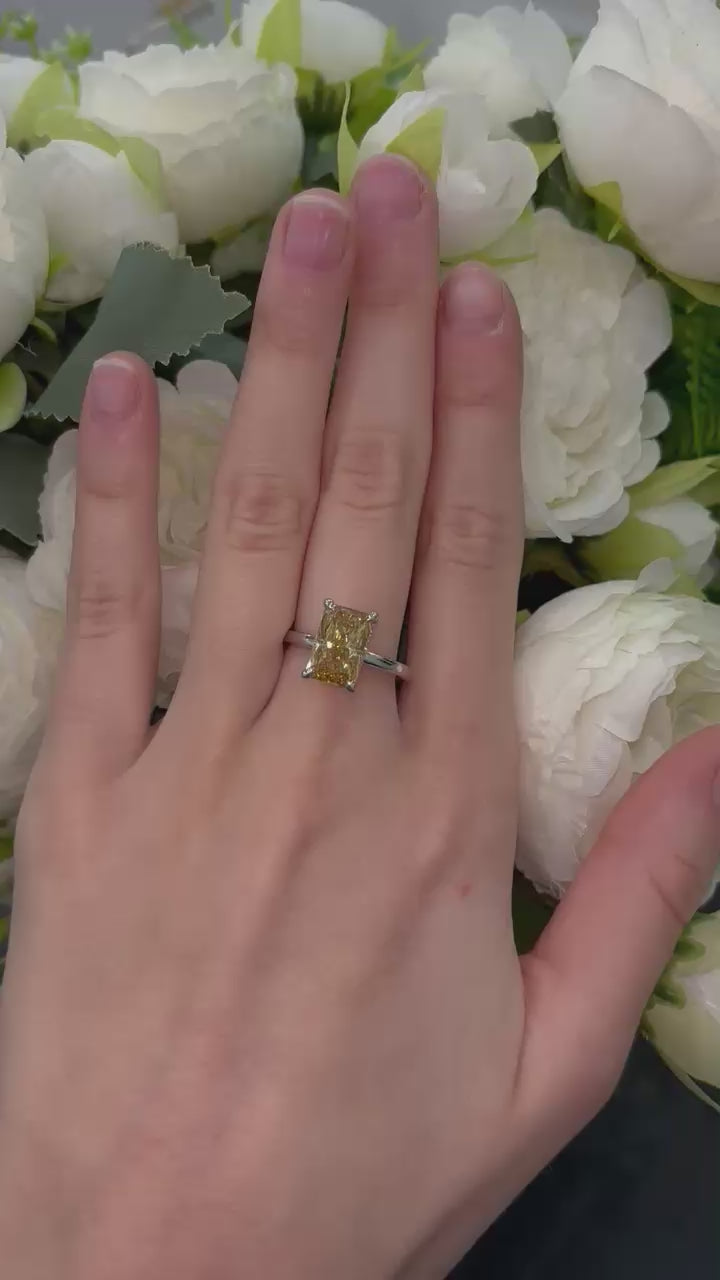 3.35 Carat IGI Lab Fancy Vivid Yellow Radiant Diamond Hidden Halo Engagement Ring In Platinum