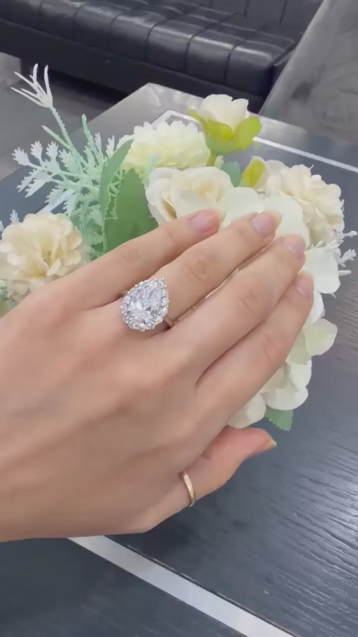 Pear Diamond Engagement Ring 4.15 Carat Halo with Round Diamond Plain Shank Engagement Ring in Platinum