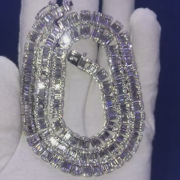 D/VVS 28.00Ct Lab Grown Baguette & Round Diamond Designer Necklace in Hallmarked White Gold 50 grams