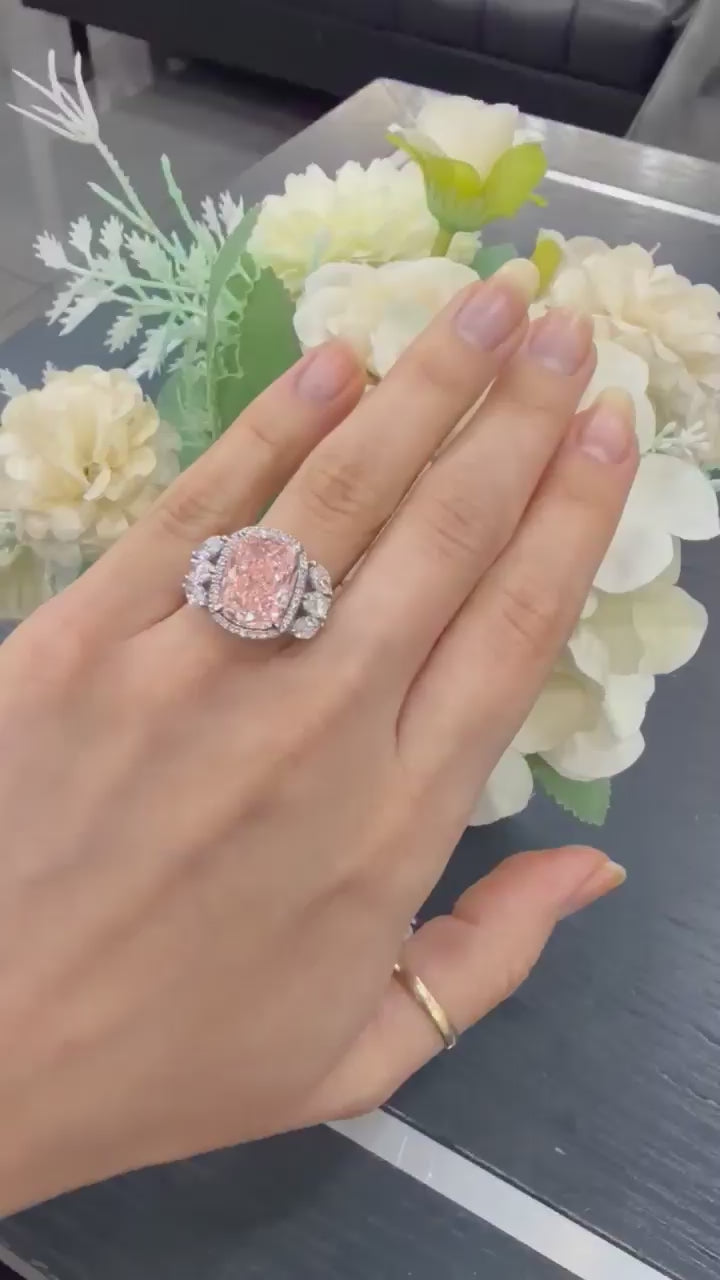 9.00 Carat IGI Certified Lab Grown Diamond Fancy Pink Cushion with side Pear Diamond Hiddin Halo Engagement Ring in Platinum