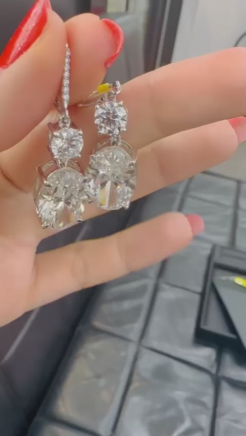 Last Piece ! Certified Huge 22.68Ct Oval & Round Diamond Dangle Drop Earrings in 18k White Gold