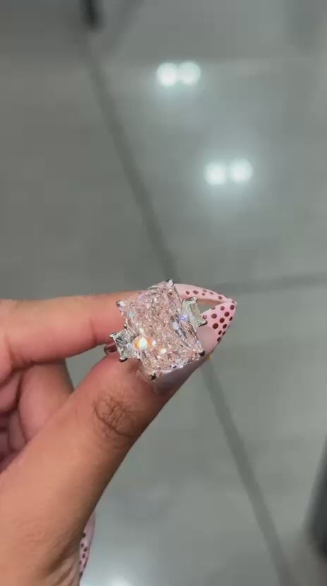 Black Friday Deal ! 13.60ct Fancy Pink Radiant & Trapezoid Lab Diamond Trilogy Ring in Platinum