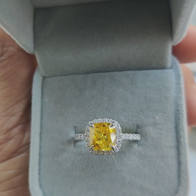 IGI CERTIFIED Fancy Vivid Yellow 2.40CT Cushion Diamond Halo Engagement Ring, Platinum