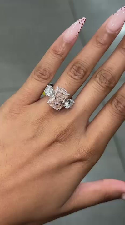 Black Friday Deal ! 10.59ct Fancy Pink Radiant & Round Lab Diamond Trilogy Ring in Platinum
