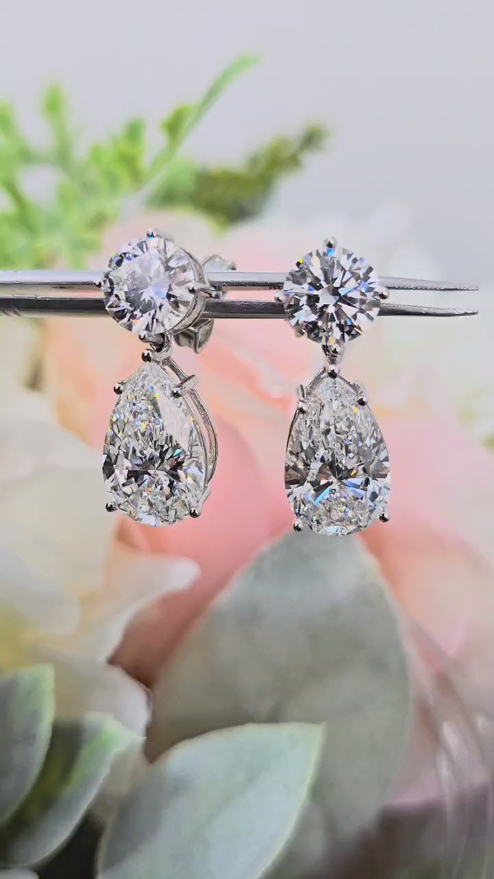 IGI Certified 14.00 Carat Pear & Round Diamond Drop and Dangle Earrings in Platinum