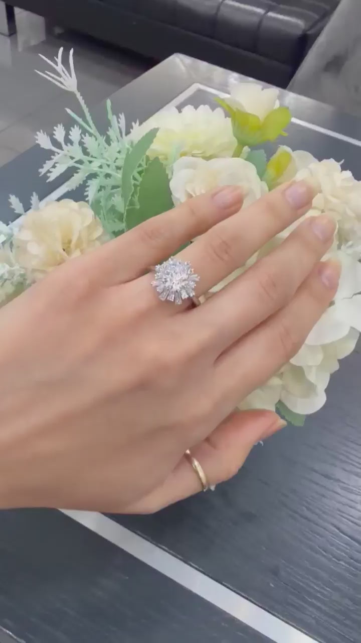 Round & Baguette Diamond Engagement Ring Plain Shank Cluster Ring IGI Lab Grown in Platinum