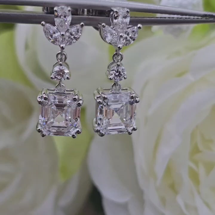 Last Piece ! Certified 3.65Ct D/VVS Asscher & Multi Diamond Dangle Drop Earrings in 18k White Gold