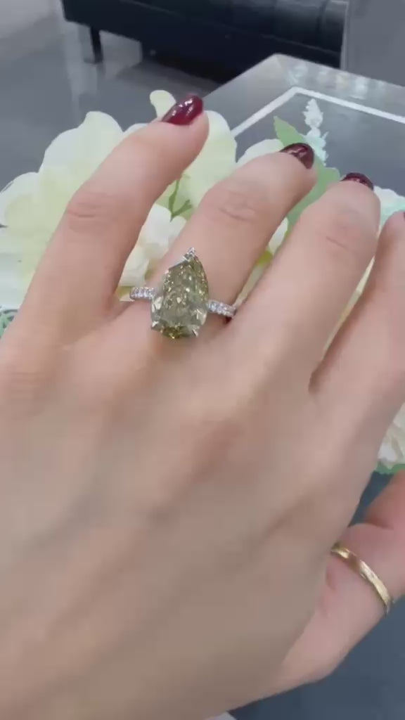 Pear Diamond Fancy Intense Yellow Engagement Ring side Round Solitaire With Side Ring IGI Lab Grown in Platinum