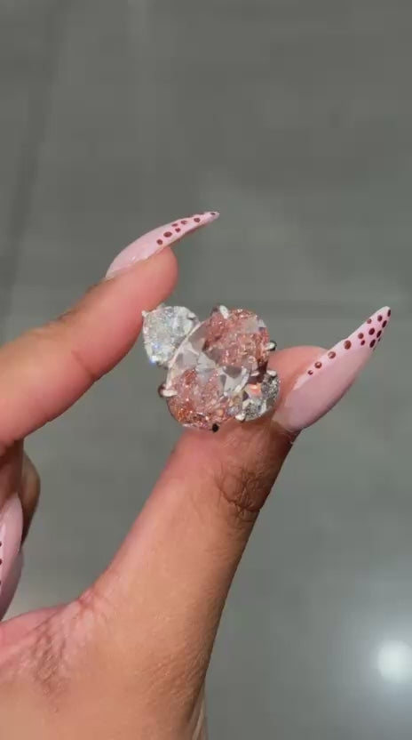 Black Friday Deal ! 12.50ct Fancy Pink Oval & Heart Lab Diamond Trilogy Ring in 18k Gold