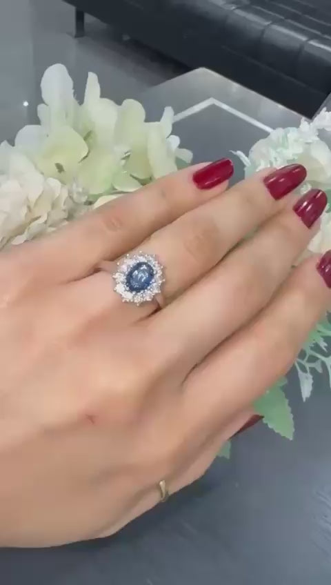 950 Platinum Halo Cluster Ring 3.00 Carat Light Blue Sapphire & Round Diamond