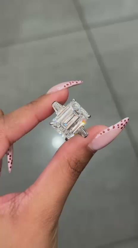 SALE! IGI Certified 16.00ct Lab Grown Emerald Cut Diamond Trilogy Ring | Amada Diamonds UK